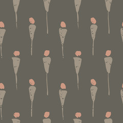 Hand painted textured floral buds seamless vector pattern. Textured floral buds in hand painted style with grey and dusty pink palette on black background. 