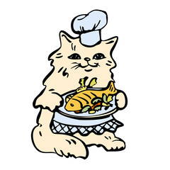 Cat cook in a chef's hat and apron, holds a dish with fish. Vector illustration in cartoon style. Isolated on a white background.