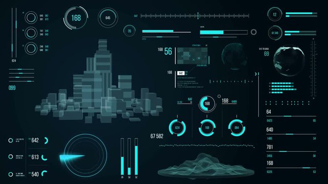 Futuristic urban navigation user interface with city HUD and infographic elements. Virtual digital technology background. Head-up display template for business, games, motion design, web and app.