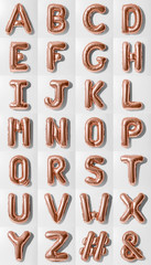Set of letters A-Z # &, Rose gold foil balloon alphabet with hashtag and ampersand symbol isolated on white background