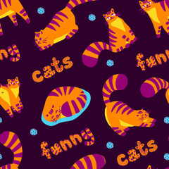 Fototapeta na wymiar Cute orange funny cat different poses, colorful illustration seamless pattern. Lovely cat. Greeting cards, posters, banners. Vector