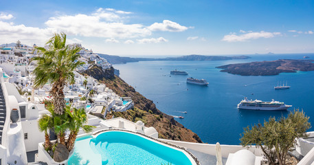Luxury summer travel and vacation landscape. Swimming pool with sea view. White architecture on Santorini island, Greece. Beautiful landscape with sea view - obrazy, fototapety, plakaty