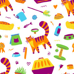 Cute orange funny cat and accessories. Colorful illustration seamless pattern. Lovely cat. Greeting cards, posters, banners. Vector