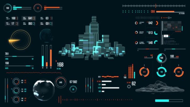 Futuristic urban navigation user interface with city HUD and infographic elements. Virtual digital technology background. Head-up display template for business, games, motion design, web and app.