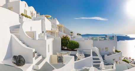 Obraz premium Summer travel landscape, luxury vacation panoramic. White architecture on Santorini island, Greece. Beautiful landscape, sea view.