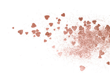 Rose gold glitter hearts on white background for your design