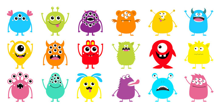 Happy Halloween. Monster icon big set. Cute kawaii cartoon colorful scary funny character. Eyes, tongue, hands, horns, fang teeth . Funny baby collection. White background Isolated. Flat design.