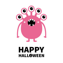 Happy Halloween. Pink monster with many eyes, fang teeth. Funny Cute cartoon kawaii character. Baby collection. Flat design. Greeting card. White background. Isolated.