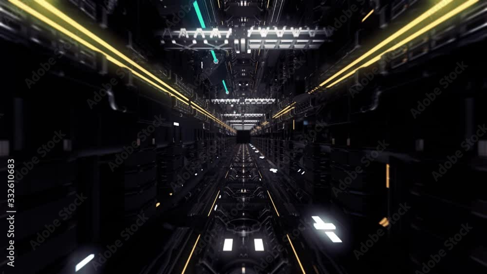 Poster Flying through the digital futuristic dark tunnel, seamless loop. Animation. View inside of a technological space tunnel or spaceship corridor.