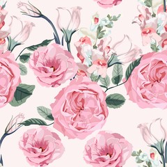 Floral seamless pattern with watercolor style pink roses and many kind blooming garden flowers. Background with bouquets of hand-drawn  flowers with leaves.