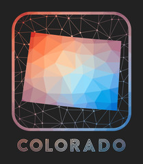 Colorado map design. Vector low poly map of the us state. Colorado icon in geometric style. The us state shape with polygnal gradient and mesh on dark background.