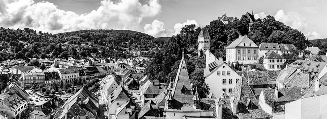 Medieval old town Sighisoara in Mures County, Transylvania, Romania in black and white