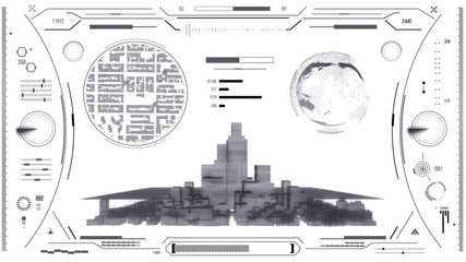 Futuristic urban navigation user interface with city HUD and infographic elements. Virtual digital technology background. Head-up display template for business, games, motion design, web and app. - Powered by Adobe
