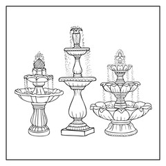 Antique fountain set cascade, hand drawing 