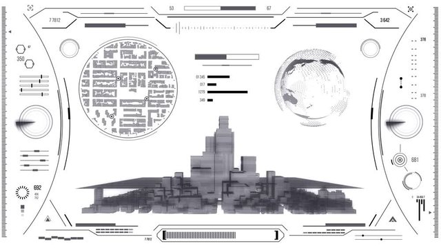 Futuristic urban navigation user interface with city HUD and infographic elements. Virtual digital technology background. Head-up display template for business, games, motion design, web and app.