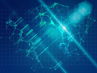 Geometric structure with lines and dots on a dark background. Blue and green lines connecting  triangular elements. Futuristic background for design.