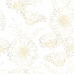 Beautiful backdrop with blooming gerbera camomile flowers, hand drawn with golden contour lines on white background. Gorgeous floral decoration. Botanical illustration.