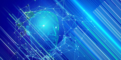 Obraz premium Technology background of 3d grid head with blurred lines on blue. AI. Artificial intelligence concept for business and scientific.