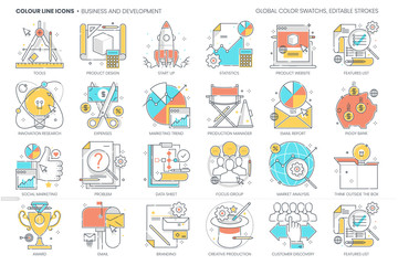 Business development related, color line, vector icon, illustration set