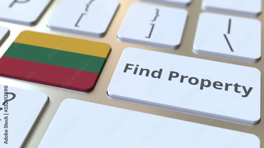 Aufkleber find property text and flag of lithuania on the keyboard. online real estate service related concept