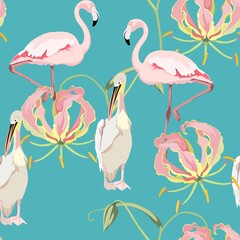 Fototapety  Tropikalne vintage egzotyczne Pink Gloriosa kwiaty lilia chwała, pelikan flamingo kwiatowy wzór, vintage niebieskie tło. Tapeta egzotycznych ptaków dżungli.