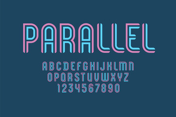Striped font sans serif, alphabet from two stripes, capital Latin letters from A to Z and Arab numbers from 0 to 9 for you designs, vector illustration 10EPS