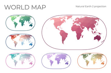 Low Poly World Map Set. Natural Earth II projection. Collection of the world maps in geometric style. Vector illustration.