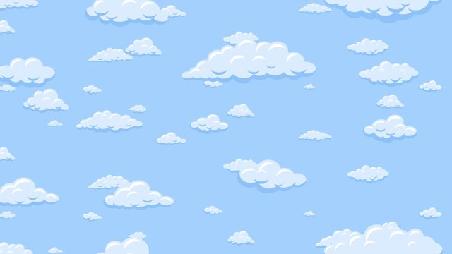 Cartoon clouds floating down vertically on the blue sky background. Seamless looping animation.