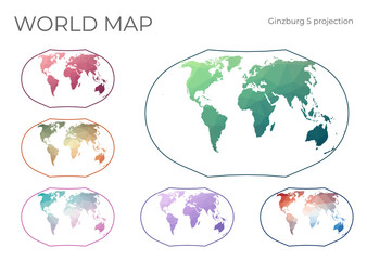 Low Poly World Map Set. Ginzburg V projection. Collection of the world maps in geometric style. Vector illustration.