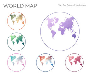 Low Poly World Map Set. Van der Grinten II projection. Collection of the world maps in geometric style. Vector illustration.