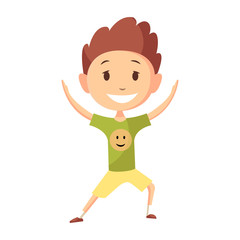 Fitness sport. Boy posing and making gymnastic exercises. Funny cartoon colorful character. Cute gymnastics for children and healthy lifestyle sport illustration. Vector happy kid fitness