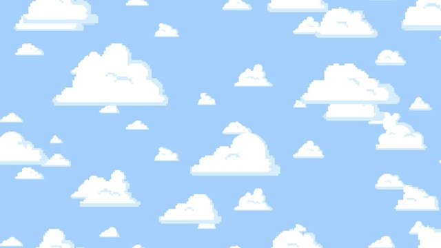 Cartoon clouds floating vertically on the blue sky background, pixelated. Seamless looping animation.