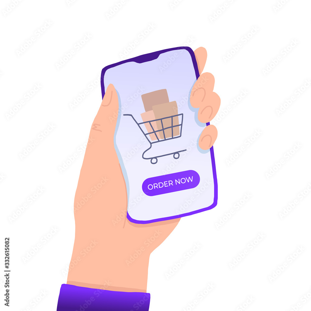Poster hand holding smart phone with order now button on the screen. e-commerce flat design concept. using 
