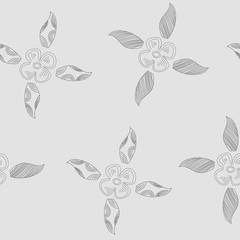 Doodle flowers and leaves with patterns. Seamless black pattern on a grey background. Vector drawing by hand.