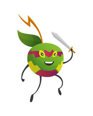 Cartoon superhero apple. Fruit in mask and with sword. Cute childish cartoon character. Funny cartoon fruit in superhero costume. Logo concept of healthy diet. Vector illustration