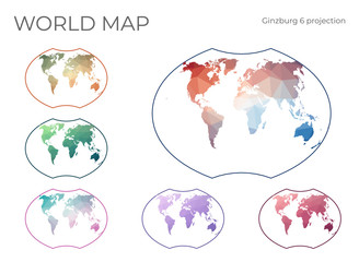 Low Poly World Map Set. Ginzburg VI projection. Collection of the world maps in geometric style. Vector illustration.