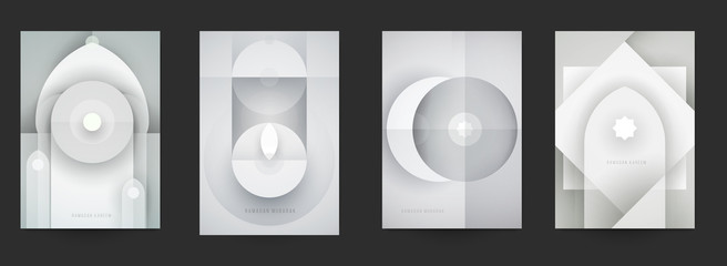 Ramadan kareem islamic beautiful design template. Minimal composition in paper cut style. Set holiday background for branding greeting card, banner, cover, flyer or poster. Vector illustration. © cgterminal