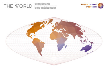 Polygonal map of the world. Craster parabolic projection of the world. Purple Orange colored polygons. Contemporary vector illustration.