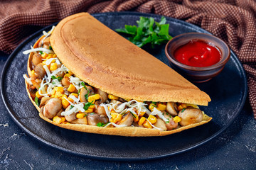 Asian savory thick pancake with roasted mushrooms