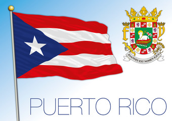 Puerto Rico official national flag and coat of arms, US territory, vector illustration