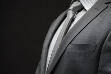 businessman portrait dressed in gray suit, dark wall background