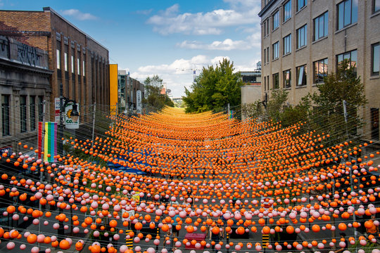 "Orange Balls" in Montreal Gay Village On Sainte-Catherine Street