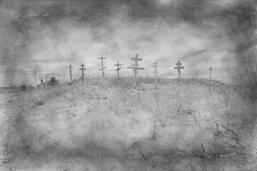 grave crosses in a desert cemetery / climate change concept warming, disaster, apocalypse, Christian cemetery