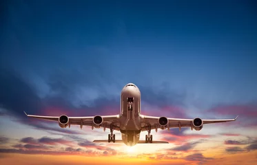 Poster Passagiers commercieel vliegtuig dat in zonsondergang vliegt © Jag_cz