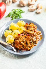 Fresh turkey ragout with mushrooms