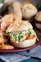 Pulled chicken sandwich with salad and bbq sauce