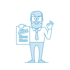 Happy man shows a document with the inscription approved. Getting permission. Character - a man in glasses and with beard. Office worker in a shirt with a tie. Illustration in line art style. Vector