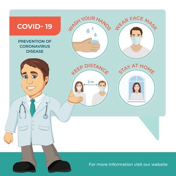 Coronavirus infograpic with Doctor cartoon character in white medical uniform shows a list of recommendations for protection against coronavirus and prevent infection spread. Virus protection tips.