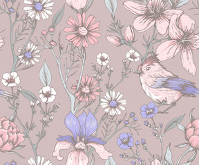Naadloos vintage patroon met bloemen en vogels