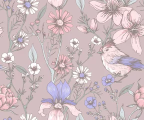 Fototapete Vintage Blumen Nahtloses Vintage-Muster mit Blumen und Vögeln